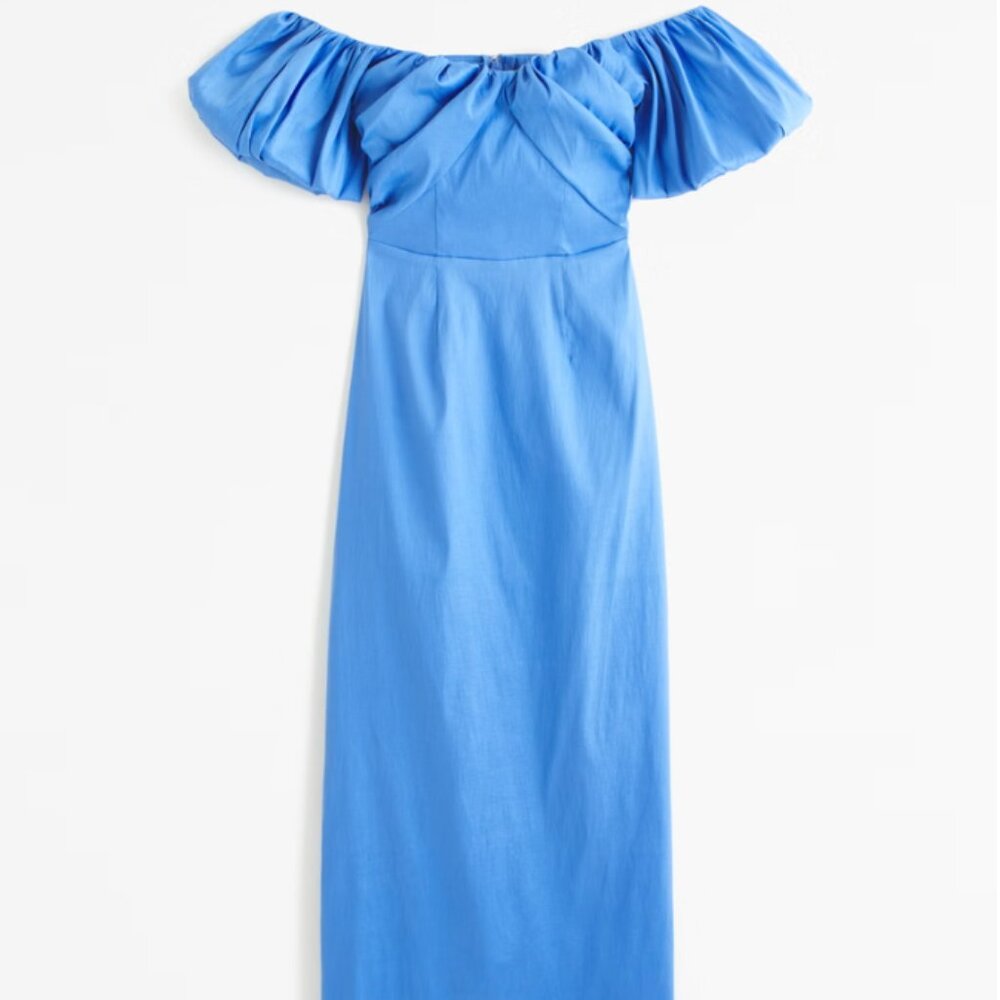 Taffeta Off-The-Shoulder Midi Dress in French Blue